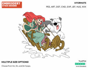 Ariel Sledding With Max Running Alongside Her - Disney's The Little Mermaid - Embroidery Design in 3 sizes & 8 formats