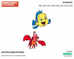 Flounder, Sebastian - Disney's The Little Mermaid - Embroidery Design in 3 sizes & 8 formats