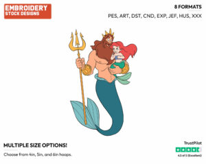 Young King Triton, Young Ariel - Disney's The Little Mermaid - Embroidery Design in 3 sizes & 8 formats