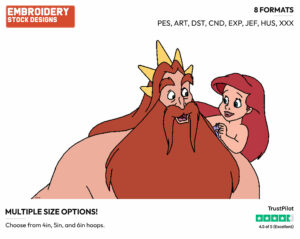 King Triton, Young Ariel - Disney's The Little Mermaid - Embroidery Design in 3 sizes & 8 formats