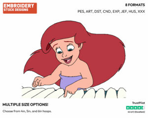 Young Ariel - Disney's The Little Mermaid - Embroidery Design in 3 sizes & 8 formats