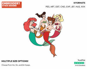 Ariel, Attina, Adella, Arista Holding Hands In Circle - Disney's The Little Mermaid - Embroidery Design in 3 sizes & 8 formats