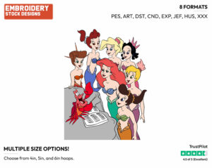 Sebastian, Ariel, Attina, Adella, Arista, Andrina, Alana, Aquata - Disney's The Little Mermaid - Embroidery Design in 3 sizes & 8 formats