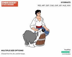 Eric Sitting On A Barrel With Max - Disney's The Little Mermaid - Embroidery Design in 3 sizes & 8 formats
