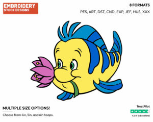 Flounder Holding A Flower In His Mouth - Disney's The Little Mermaid - Embroidery Design in 3 sizes & 8 formats