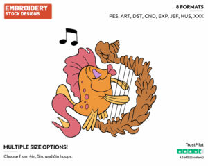 Harpfish Playing Harp - Disney's The Little Mermaid - Embroidery Design in 3 sizes & 8 formats