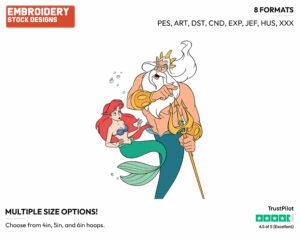 King Triton, Ariel - Disney's The Little Mermaid - Embroidery Design in 3 sizes & 8 formats