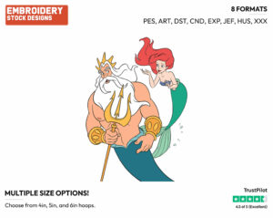 King Triton, Ariel - Disney's The Little Mermaid - Embroidery Design in 3 sizes & 8 formats