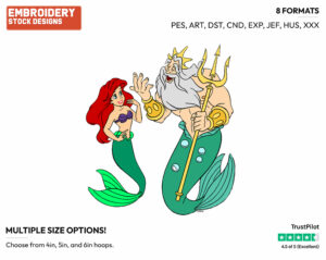 King Triton, Ariel - Disney's The Little Mermaid - Embroidery Design in 3 sizes & 8 formats