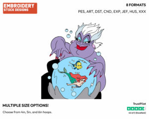 Ursula Watching Ariel, Flounder - Disney's The Little Mermaid - Embroidery Design in 3 sizes & 8 formats
