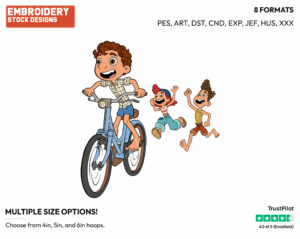 Alberto And Giulia Running After Luca Riding His Bicycle - Disney's Luca - Embroidery Design in 3 sizes & 8 formats