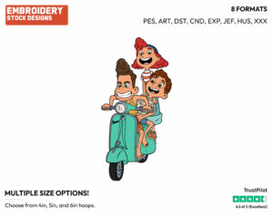Luca, Alberto And Giulia Driving A Vespa - Disney's Luca - Embroidery Design in 3 sizes & 8 formats