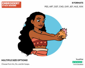 Moana Holding Up A Conch - Disney's Moana - Embroidery Design in 3 sizes & 8 formats