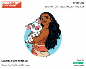 Moana Holding Pua In Her Arms - Disney's Moana - Embroidery Design in 3 sizes & 8 formats