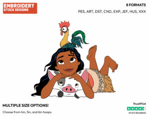 Moana Relaxinh With Pua And Heihei - Disney's Moana - Embroidery Design in 3 sizes & 8 formats