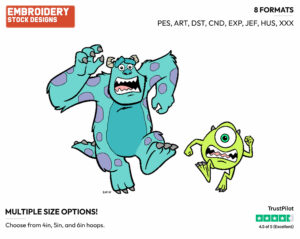 Mike, Sulley Running - Disney's Monsters Inc. - Embroidery Design in 3 sizes & 8 formats