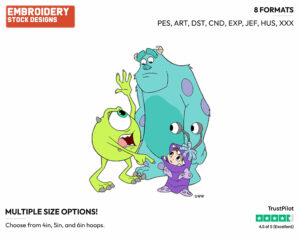 Mike, Sulley, Boo - Disney's Monsters Inc. - Embroidery Design in 3 sizes & 8 formats