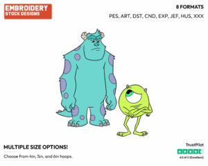 Sulley, Mike - Disney's Monsters University - Embroidery Design in 3 sizes & 8 formats