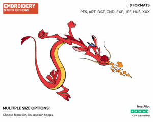 Mushu Blowing Fire - Disney's Mulan - Embroidery Design in 3 sizes & 8 formats