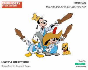 Young Mickey Mouse, Donald Duck, Goofy, Pluto - Disney's The Three Musketeers - Embroidery Design in 3 sizes & 8 formats