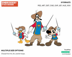 Mickey Mouse, Donald Duck, Goofy - Disney's The Three Musketeers - Embroidery Design in 3 sizes & 8 formats