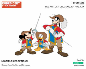 Mickey Mouse, Donald Duck, Goofy - Disney's The Three Musketeers - Embroidery Design in 3 sizes & 8 formats