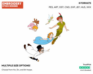 Peter Pan, Wendy, Michael, John, Tinker Bell Flying - Disney's Peter Pan & Tinker Bell - Embroidery Design in 3 sizes & 8 formats