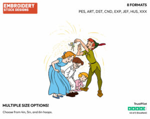 Peter Pan Sprinkling Pixie Dust On Wendy, Michael, John - Disney's Peter Pan & Tinker Bell - Embroidery Design in 3 sizes & 8 formats