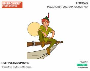 Peter Pan Sitting On Sail Beam - Disney's Peter Pan & Tinker Bell - Embroidery Design in 3 sizes & 8 formats