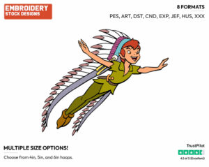 Peter Pan Flying With Indian Headdress - Disney's Peter Pan & Tinker Bell - Embroidery Design in 3 sizes & 8 formats