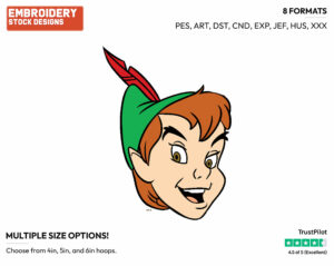 Peter Pan's Face - Disney's Peter Pan & Tinker Bell - Embroidery Design in 3 sizes & 8 formats