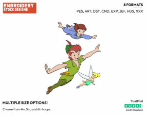 Jane, Peter Pan, Tinker Bell Flying - Disney's Peter Pan & Tinker Bell - Embroidery Design in 3 sizes & 8 formats