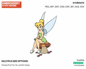 Tinker Bell Sitting On A Mushroom - Disney's Peter Pan & Tinker Bell - Embroidery Design in 3 sizes & 8 formats