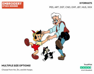 Gepetto, Pinocchio, Figaro Dancing - Disney's Pinocchio - Embroidery Design in 3 sizes & 8 formats
