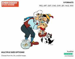 Pinocchio, Cleo, Gepetto, Figaro - Disney's Pinocchio - Embroidery Design in 3 sizes & 8 formats