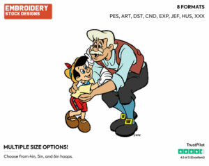 Pinocchio, Gepetto - Disney's Pinocchio - Embroidery Design in 3 sizes & 8 formats
