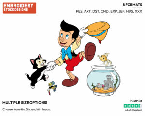Pinocchio, Figaro, Jiminy Cricket And Cleo Cheering - Disney's Pinocchio - Embroidery Design in 3 sizes & 8 formats
