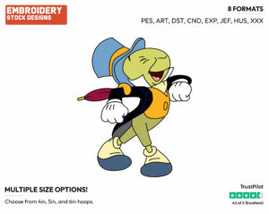 Jiminy Cricket Strutting - Disney's Pinocchio - Embroidery Design in 3 sizes & 8 formats