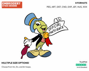Jiminy Cricket Official Conscience Badge - Disney's Pinocchio - Embroidery Design in 3 sizes & 8 formats