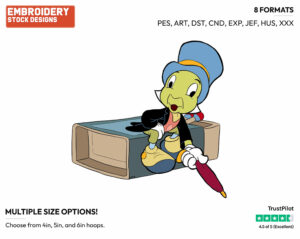 Jiminy Cricket Sitting On Box Of Matches - Disney's Pinocchio - Embroidery Design in 3 sizes & 8 formats