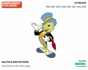 Jiminy Cricket - Disney's Pinocchio - Embroidery Design in 3 sizes & 8 formats