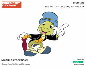 Jiminy Cricket - Disney's Pinocchio - Embroidery Design in 3 sizes & 8 formats