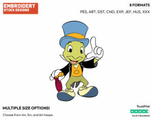 Jiminy Cricket - Disney's Pinocchio - Embroidery Design in 3 sizes & 8 formats