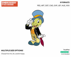Jiminy Cricket - Disney's Pinocchio - Embroidery Design in 3 sizes & 8 formats