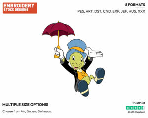 Jiminy Cricket Hanging From Umbrella - Disney's Pinocchio - Embroidery Design in 3 sizes & 8 formats