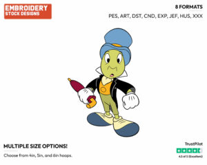 Jiminy - Disney's Pinocchio - Embroidery Design in 3 sizes & 8 formats