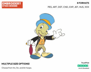 Jiminy Waving - Disney's Pinocchio - Embroidery Design in 3 sizes & 8 formats