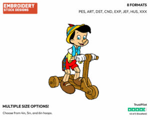 Pinocchio On Scooter - Disney's Pinocchio - Embroidery Design in 3 sizes & 8 formats