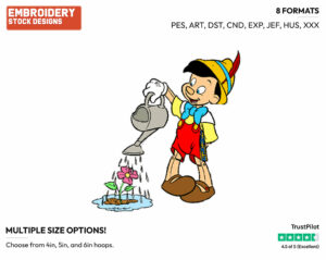 Pinocchio Watering Flower - Disney's Pinocchio - Embroidery Design in 3 sizes & 8 formats