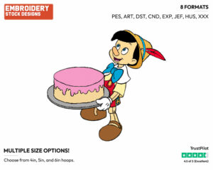 Pinocchio Carrying A Frosted Cake - Disney's Pinocchio - Embroidery Design in 3 sizes & 8 formats